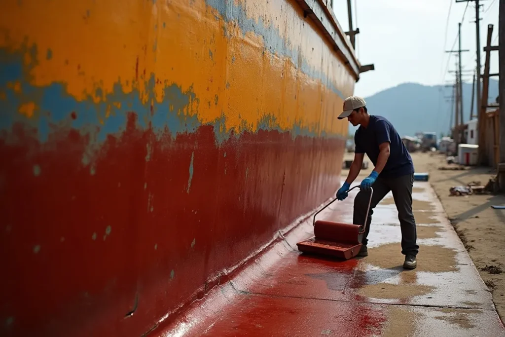 Worker rolling fresh red-brown antifouling paint onto a boat hull on a Labuan Bajo slipway