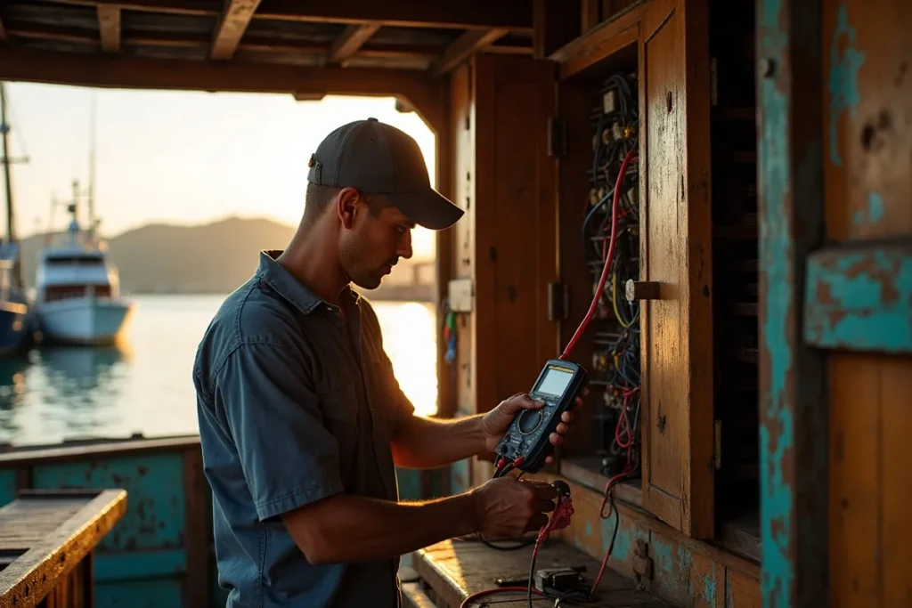 Marine electrician rewiring a distribution panel aboard a wooden liveaboard in Labuan Bajo