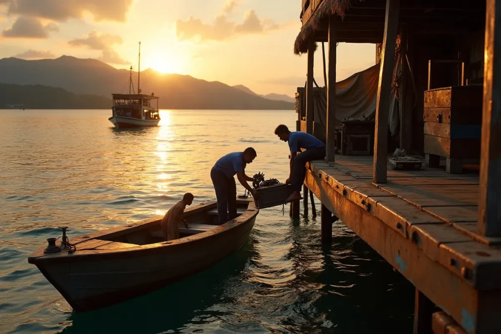 Mechanics passing tools from a speedboat to a phinisi at anchor in Komodo waters at dusk