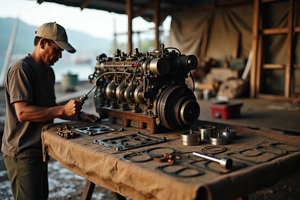 Marine diesel engine partly disassembled on a workshop bench with pistons and injectors laid out in Labuan Bajo