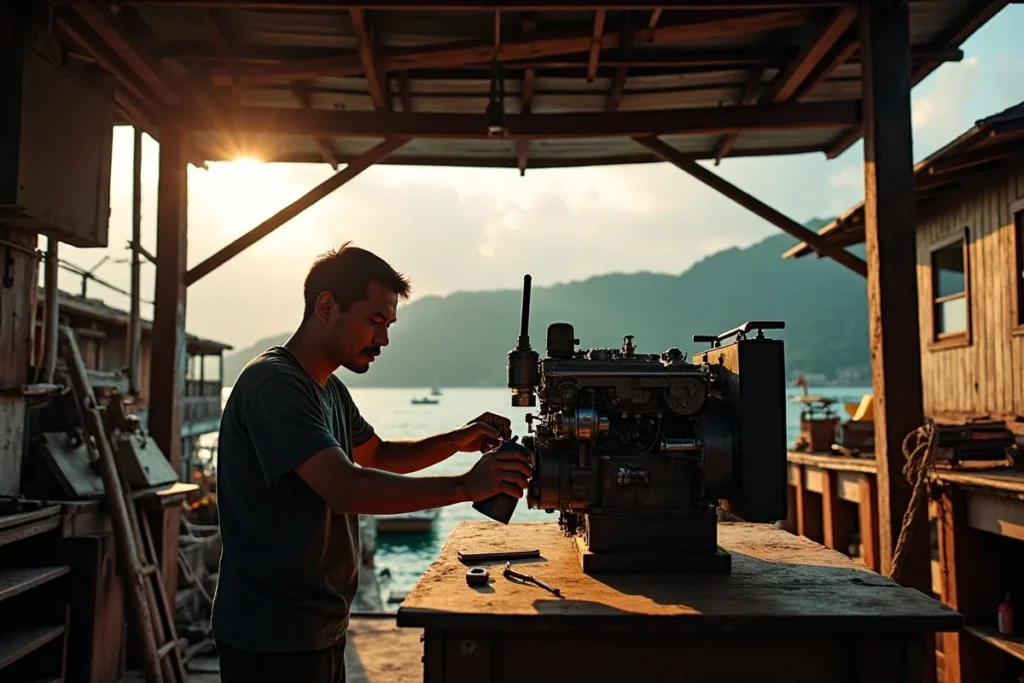 Marine generator opened for rebuild on a workbench at a Labuan Bajo shipyard workshop