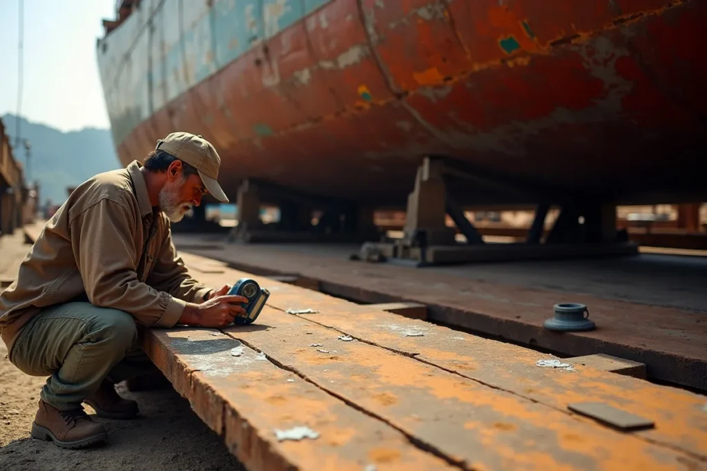 Surveyor inspecting scraped wooden hull planks with a lamp and moisture meter on a Labuan Bajo hardstand