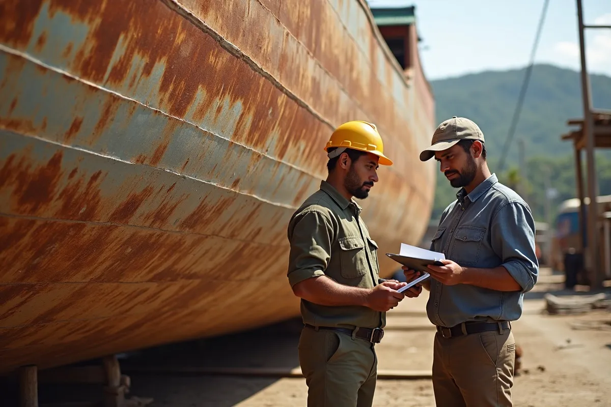 Surveyor and yard foreman reviewing a findings list beside a hauled hull with chalk marks in Labuan Bajo