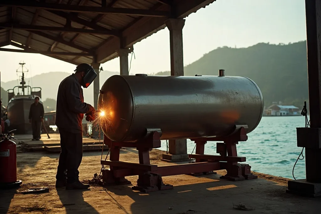 Welder working on a steel tank beside a hauled-out boat at a Labuan Bajo slipway