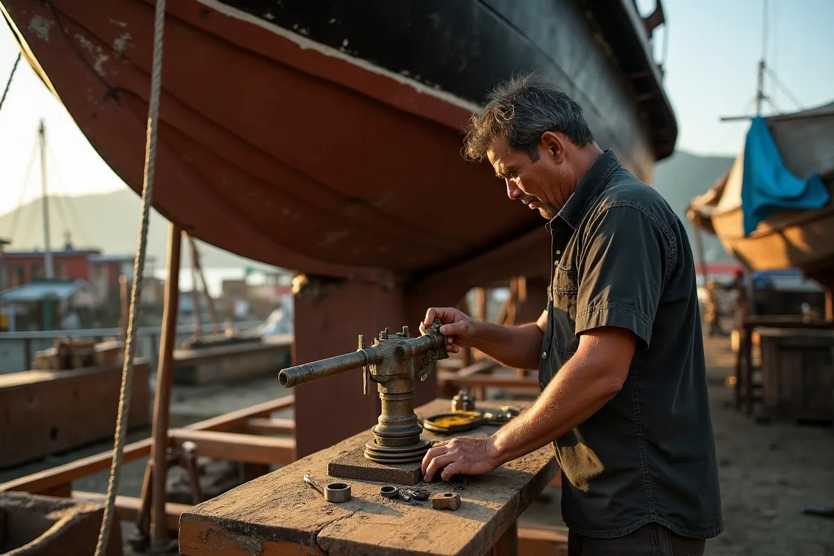 Technician measuring a propeller shaft with calipers beside a hauled boat in a Labuan Bajo yard