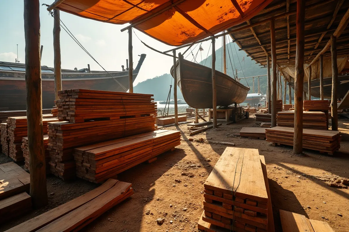 Stacked tropical hardwood planks air-drying under tarpaulin at a Labuan Bajo boatyard with a phinisi hull behind