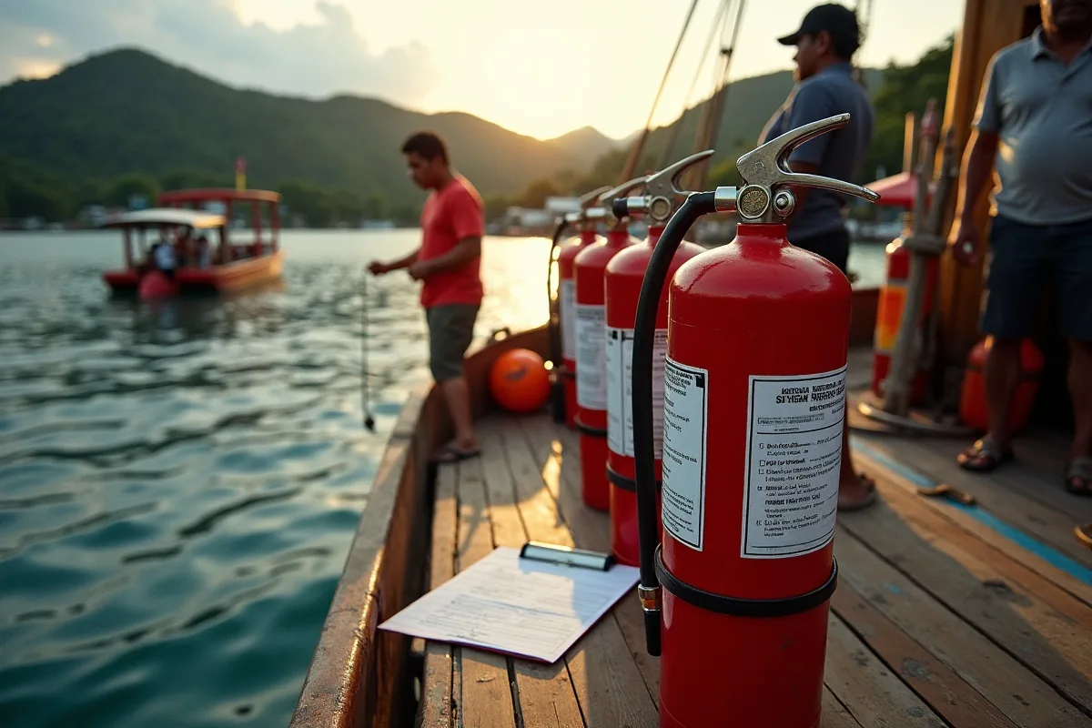 Liferaft canisters and serviced fire extinguishers staged on deck for recertification in Labuan Bajo