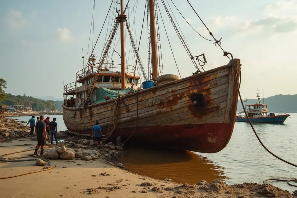 Salvage crew working with pumps and lines to refloat a grounded wooden boat at low tide near Labuan Bajo