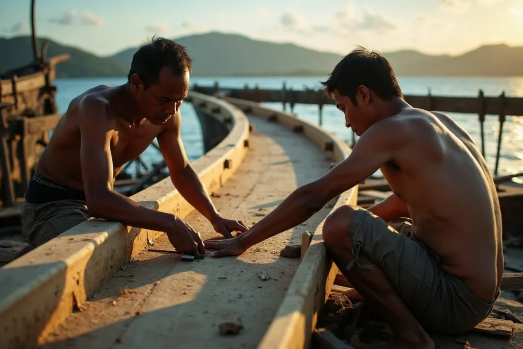 Senior shipwright showing an apprentice how to fit a hull plank at a Labuan Bajo yard