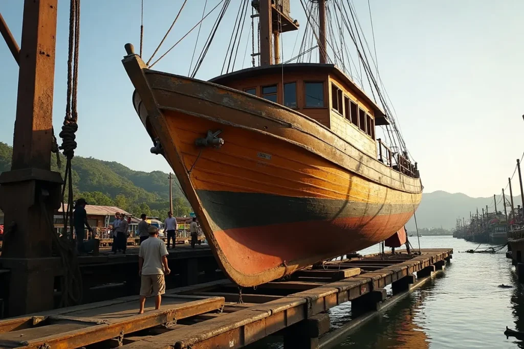 Wooden phinisi hull being winched up slipway rails on a steel cradle in Labuan Bajo
