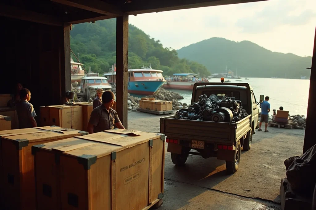 Crates of marine spare parts being unloaded from a truck at a Labuan Bajo shipyard store