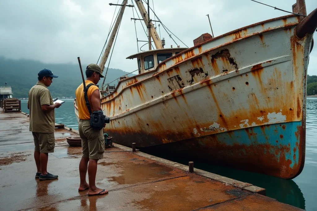 Crew assessing a boat with damaged bulwark and torn awning alongside a Labuan Bajo jetty under an overcast sky
