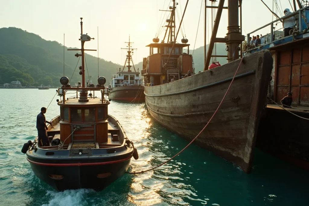 Harbour tug guiding a phinisi toward a slipway with a crane barge alongside in Labuan Bajo