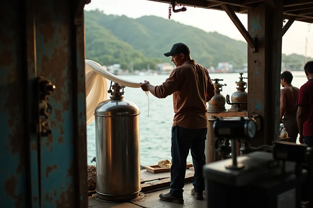 Technician servicing a reverse-osmosis watermaker membrane vessel aboard a liveaboard in Komodo