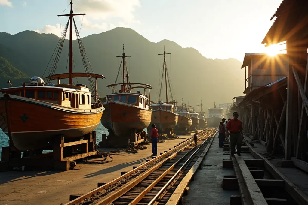 Several boats on cradles along a busy Labuan Bajo hardstand in the dry season