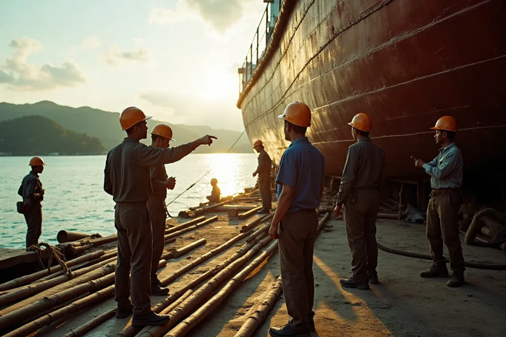 Shipyard workers in helmets and harnesses on staging beside a hauled-out hull in Labuan Bajo