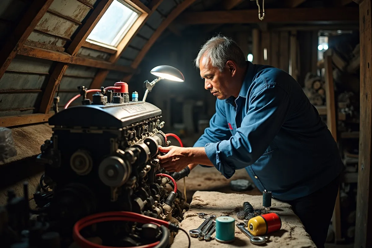 Mechanic servicing a marine diesel engine in a boat engine room