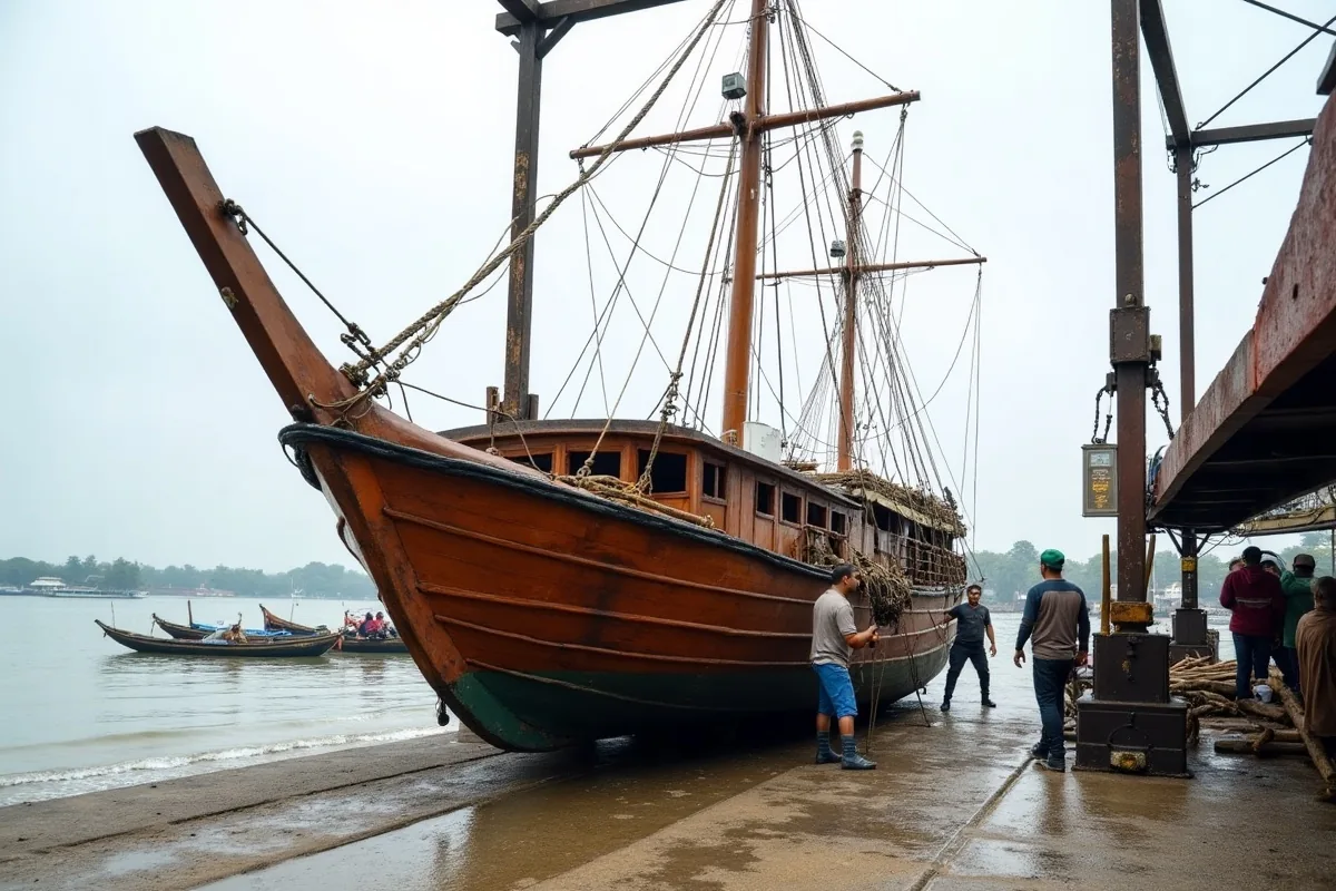 Wooden vessel being winched up a slipway at high tide in Labuan Bajo