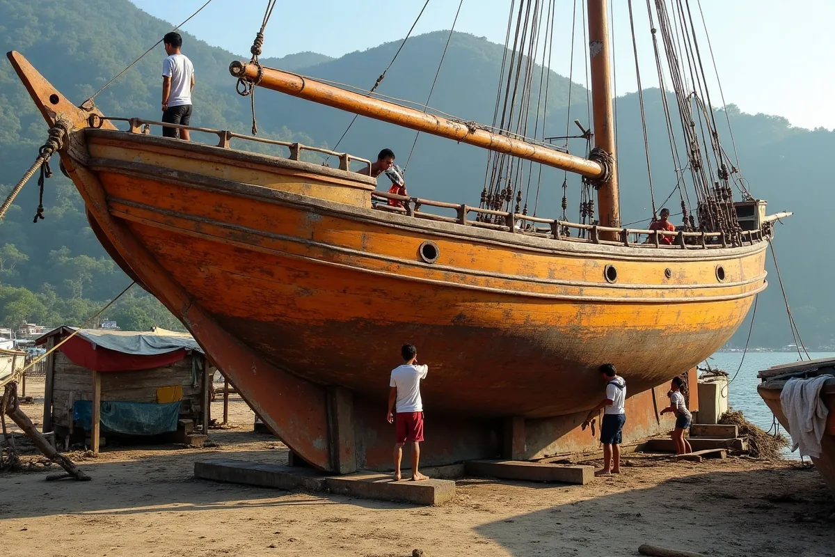 Phinisi hull on slipway rails at a Labuan Bajo shipyard, workers scraping antifouling