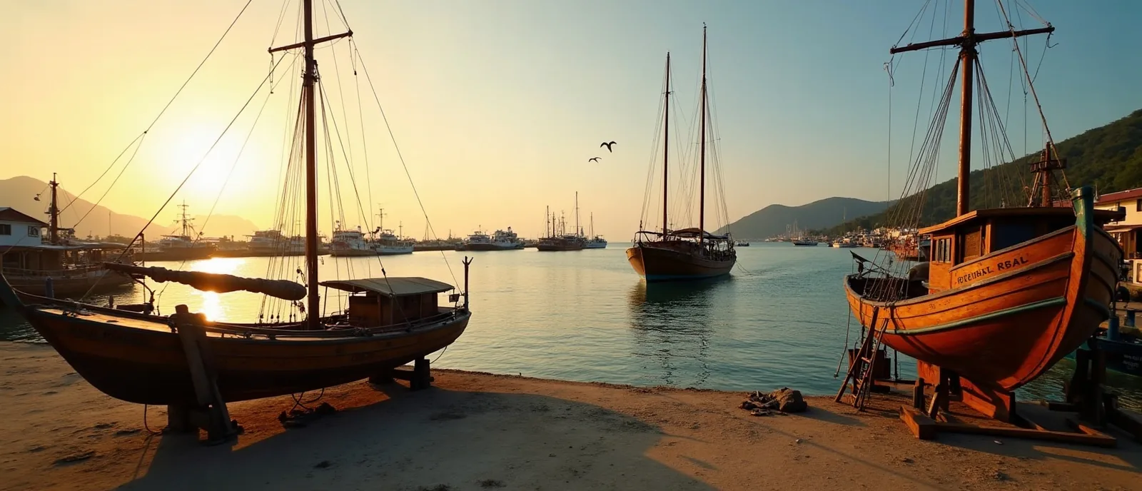 Labuan Bajo waterfront at golden hour with phinisi fleet moored and a hauled boat in the foreground yard