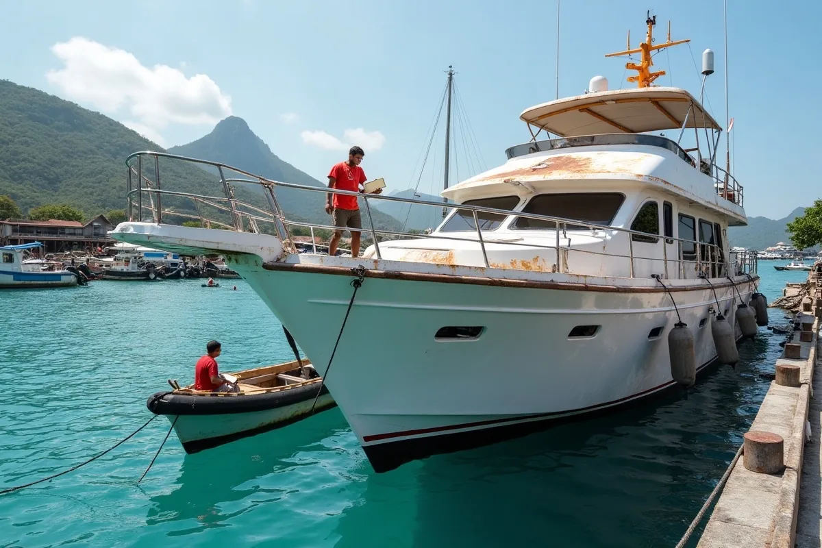 Surveyor boarding a motor yacht at anchor in Labuan Bajo harbour